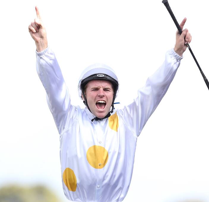 ON MY WAY: Top Sydney jockey Tommy Berry celebrates his Golden Slipper win on Vancouver. Berry will ride at the two days of the Wagga Gold Cup carnival and will be a guest speaker at the Town Plate Luncheon. 