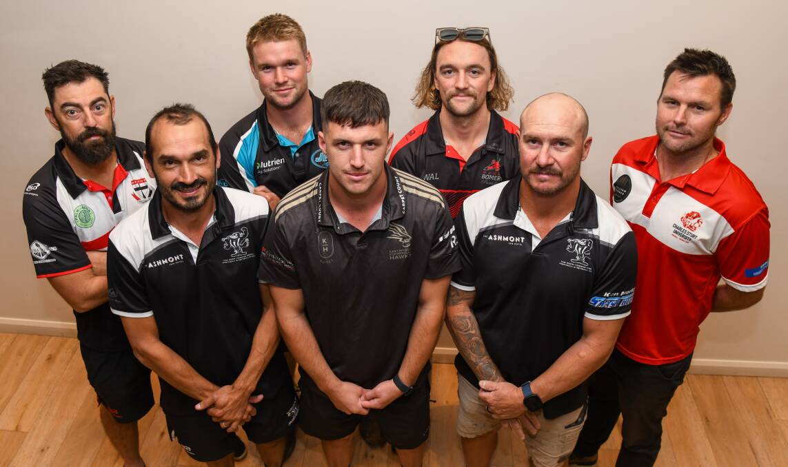 North Wagga coach Damien Papworth, The Rock-Yerong Creek co-coach Heath Russell, Northern Jets' coach Jack Harper, East Wagga-Kooringal coach Jake Barrett, Marrar assistant coach Zach Walgers, TRYC co-coach Brad Aiken and Charles Sturt University co-coach Trent Cohalan at the AFL Riverina season launch on Wednesday. Picture by Bernard Humphreys
