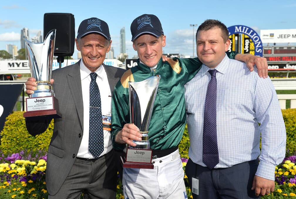 TOP TEAM: Peter Snowden (left) and Paul Snowden (right) celebrate with Blake Shinn after winning the Golden Slipper with Capitalist this year. Picture: Getty Images