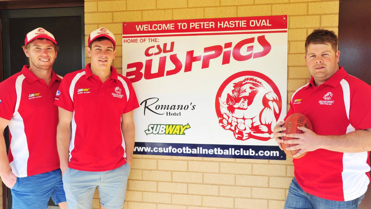UP FOR THE CHALLENGE: New CSU coach Daniel Athanitis (right) with president Tristan Robinson and assistant coach Jack Egan (left) at Peter Hastie Oval on Thursday. Picture: Kieren L Tilly