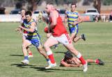 Collingullie-Wagga forward Nate Mooney goes on the attack in the Demons' big win over Mangoplah-Cookardinia United-Eastlakes at Crossroads Oval on Saturday. Picture by Les Smith