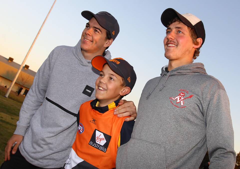 HAPPY DAYS: Greater Western Sydney (GWS) footballers Matt Kennedy and Harry Perryman make a popular return to Collingullie-Glenfield Park junior training on Wednesday night. Picture: Les Smith