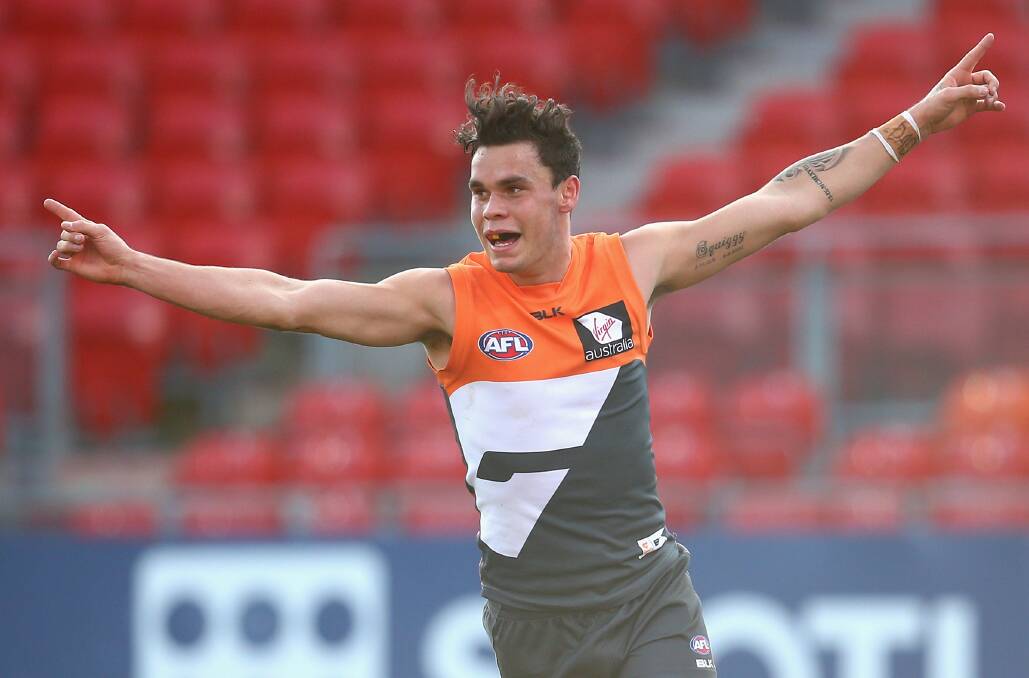 STAR ON THE RISE: Narrandera's Zac Williams celebrates a goal for Greater Western Sydney (GWS) against St Kilda earlier this month.