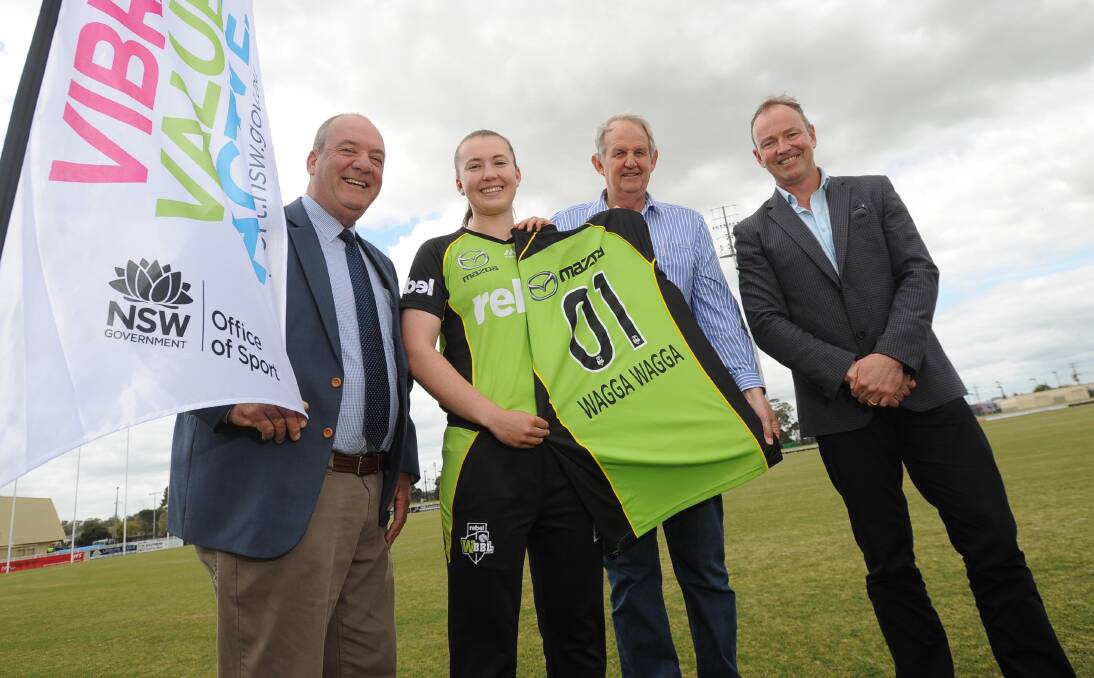 EXCITING TIMES: Rachel Trenaman, with Member for Wagga Daryl Maguire, Wagga mayor Greg Conkey and Sydney Thunder general manager Lee Germon at Robertson Oval last Friday. Picture: Laura Hardwick