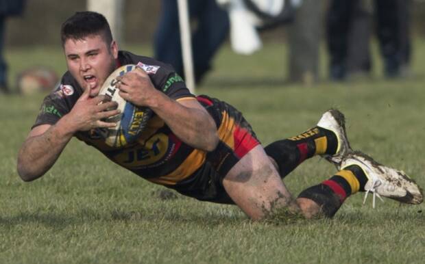 WELCOME HOME: Robbie Byatt scores a try for Shaw Cross Sharks in the Challenge Cup this year. Byatt will return home to coach Tumbarumba.