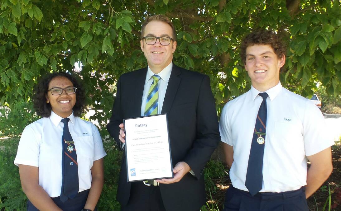 LEADERS: The Riverina Anglican College principal Mr Paul Humble (centre) and college captains, Nipuni Hapangama (left) and John Downes.
 
