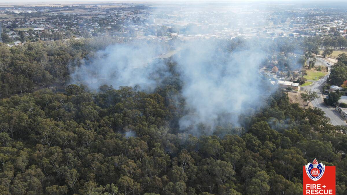 The cultural burn at Deniliquin on Saturday, as seen from the skies. Picture by Fire and Rescue NSW