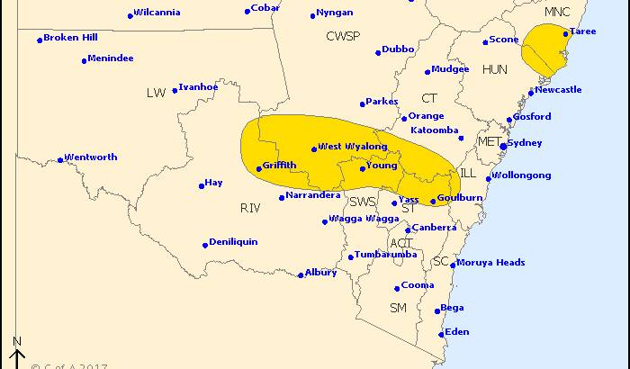 A severe thunderstorm warning for the Riverina and South West Slopes has been issued by the Bureau of Meteorology. Picture: BoM/bom.gov.au