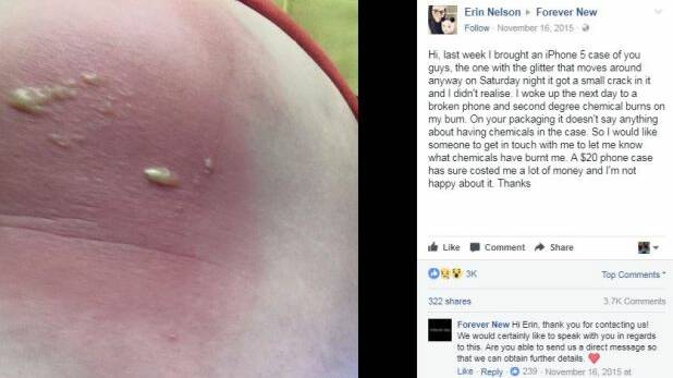 A Forever New customer was burnt from a glittery phone case she bought in 2015. Photo: Facebook/ForeverNewOfficial
