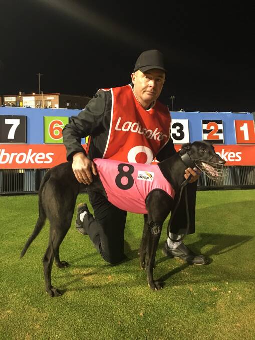 FAST START: Holbrook trainer Dirk Bosman with Shandy Lear after she brought up her first win on debut at Wagga on Friday night in the Tasty Tucker Maiden (400m). Picture: Courtney Rees