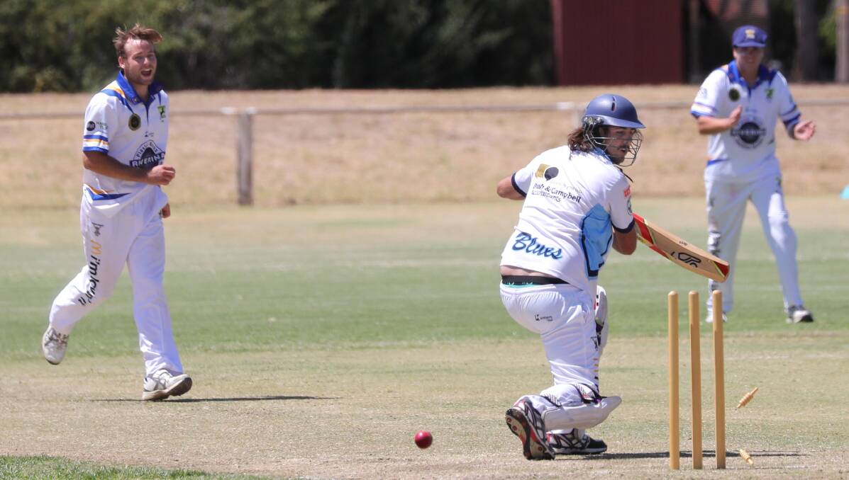 DEATH RATTLE: Max Hillier celebrates after bowling Alex Jones on Saturday. It was one of his five wickets as Kooringal Colts ripped through South Wagga. Picture: Les Smith