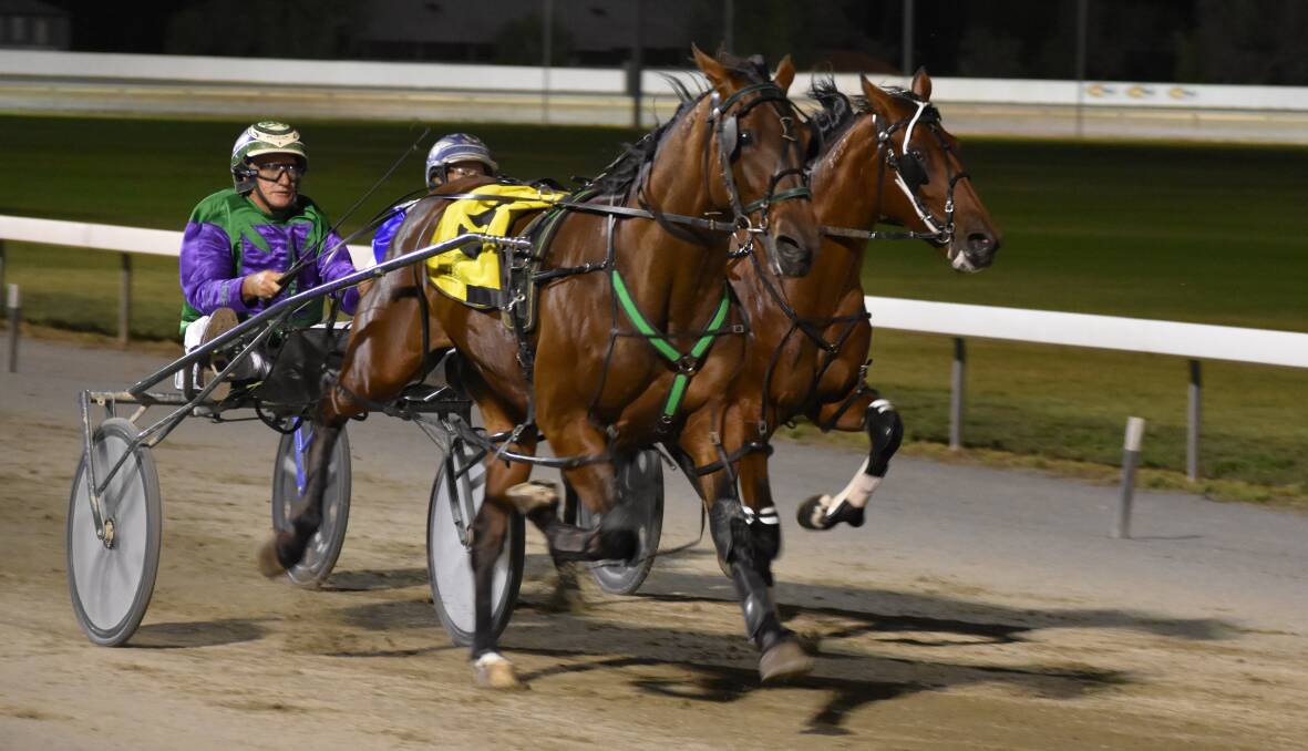 BIG FINISH: Major Roll charges past Heart Of Cooper to win the second MIA Breeders Plate heat for Mirrool trainer-driver Stephen Maguire. Picture: Courtney Rees