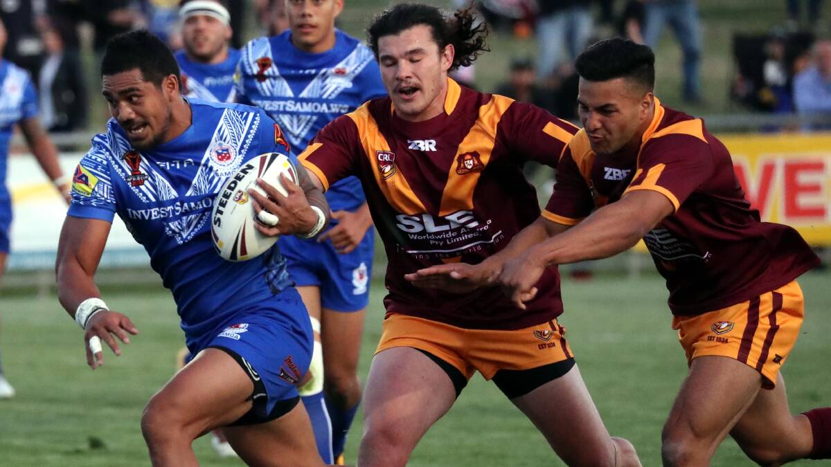 SPEED TO BURN: Peter Matautia storms away from the Country defence before going on to score Samoa's first try at Equex Centre on Friday night. Picture: Les Smith