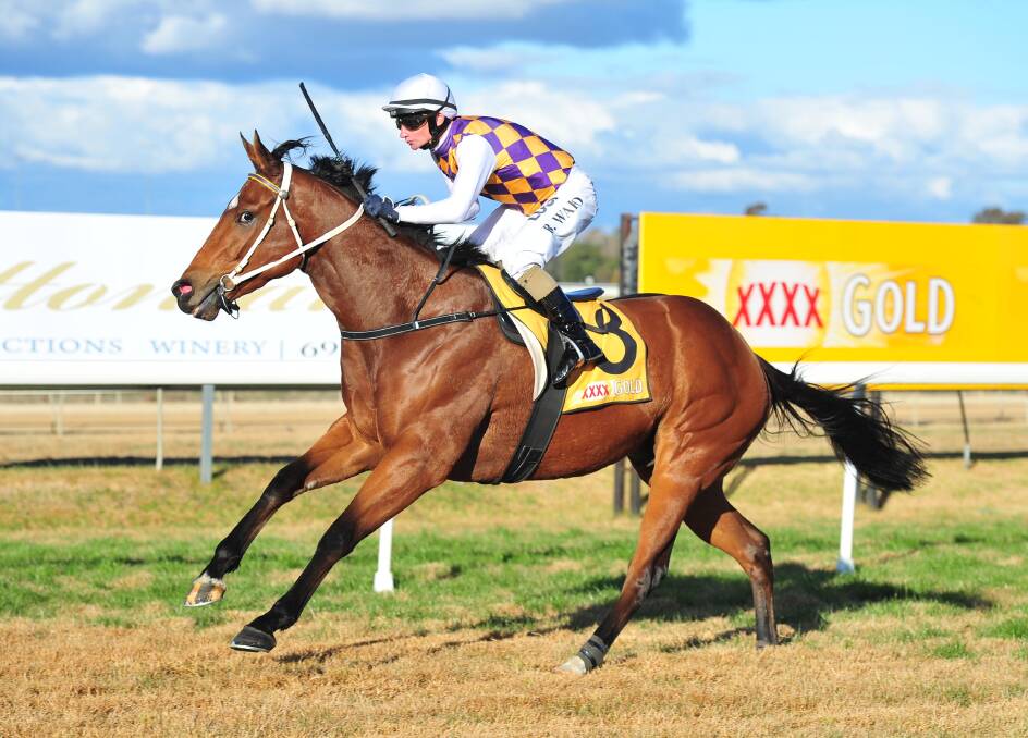 HE'S GOING PLACES: Kabrocco and Brendan Ward cruise to the line during the three-year-old's impressive win at Murrumbidgee Turf Club on Monday. Picture: Kieren L Tilly