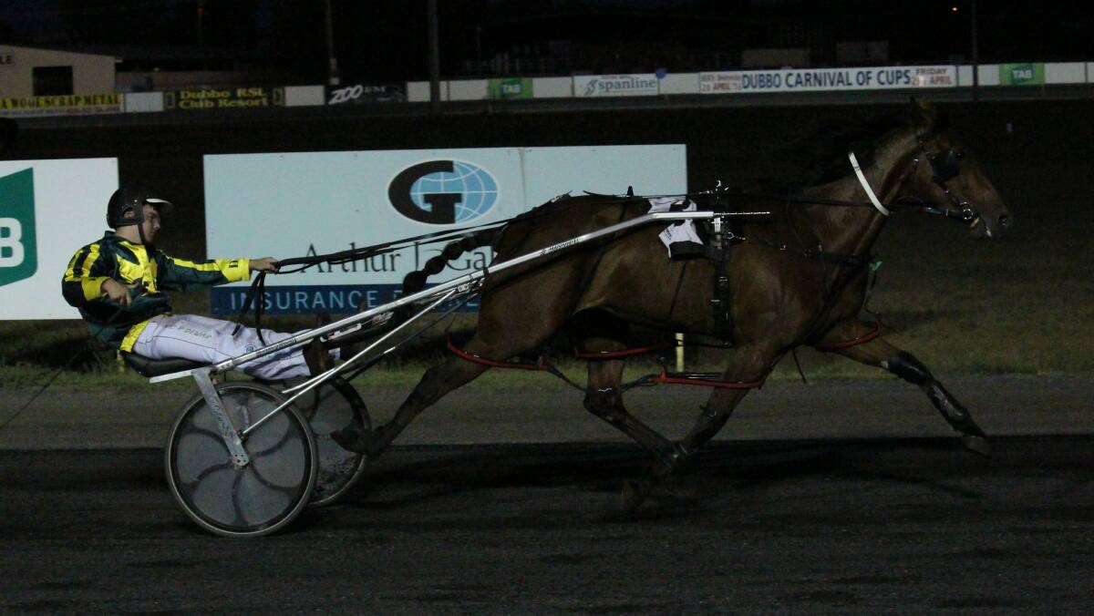 MEMORABLE FIRST: Young reinsman Nic Dewar celebrates after bringing up his first win with Fake Art at Dubbo on Friday night before more success at Leeton on Saturday night.
