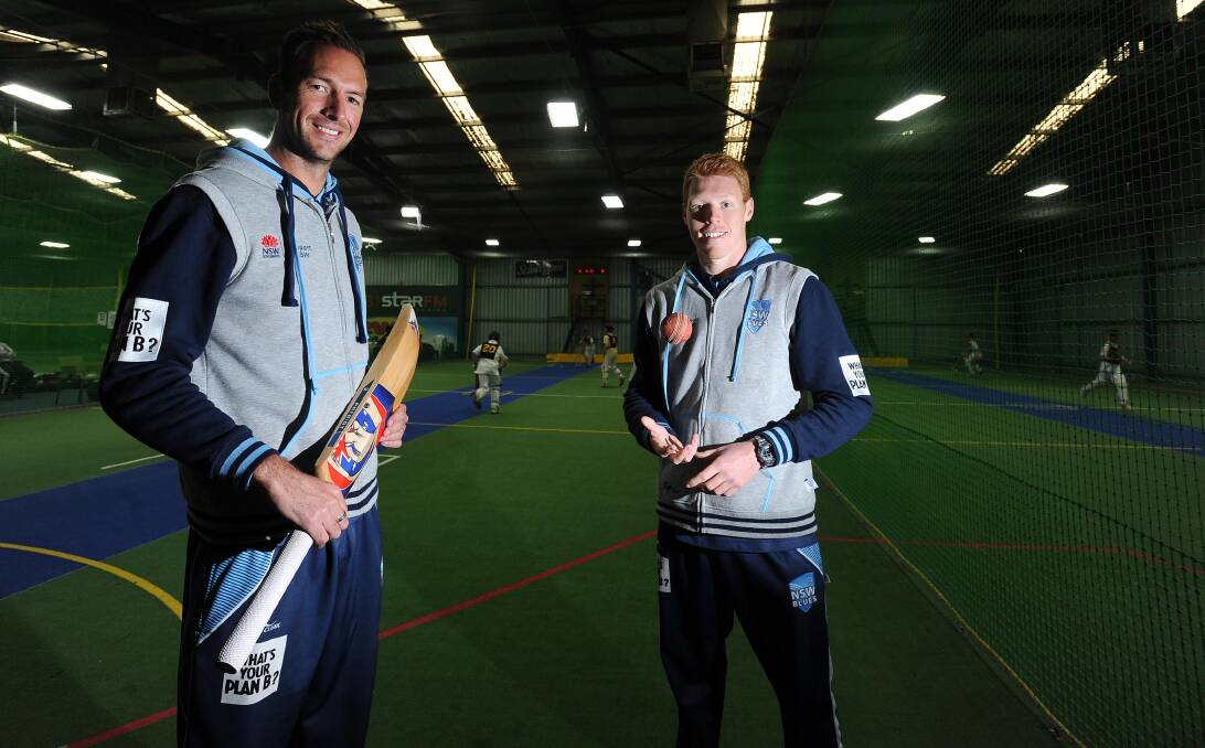BLUE CREW: NSW cricketers Trent Copeland and Liam Hatcher visit Wagga to look over the talent at the Mackillop trials on Friday as part of the Cricket NSW Country Blitz. Picture: Laura Hardwick