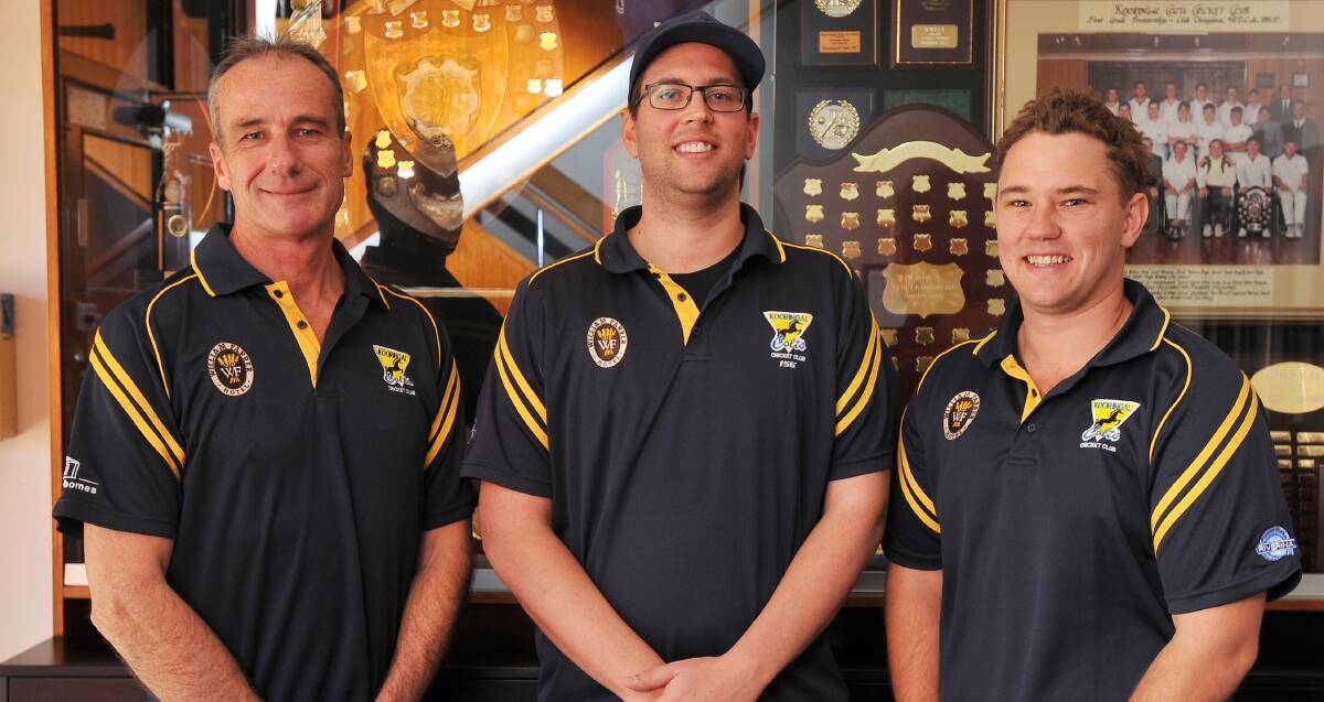 THE OLD AND THE NEW: New Kooringal Colts president Rob Etchells and captain-coach David Bolton with outgoing president Brenton Crawford. Picture: Kieren L Tilly