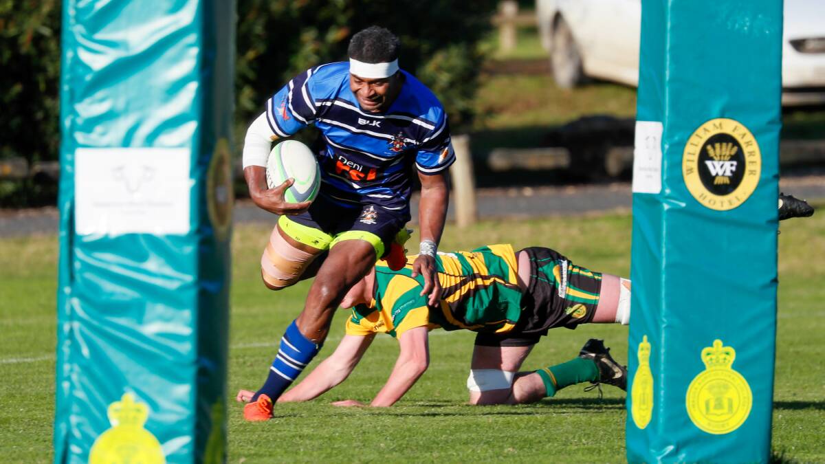 Saula Sabua goes over for a try for Deniliquin in their clash with Ag College last year. Picture by Les Smith