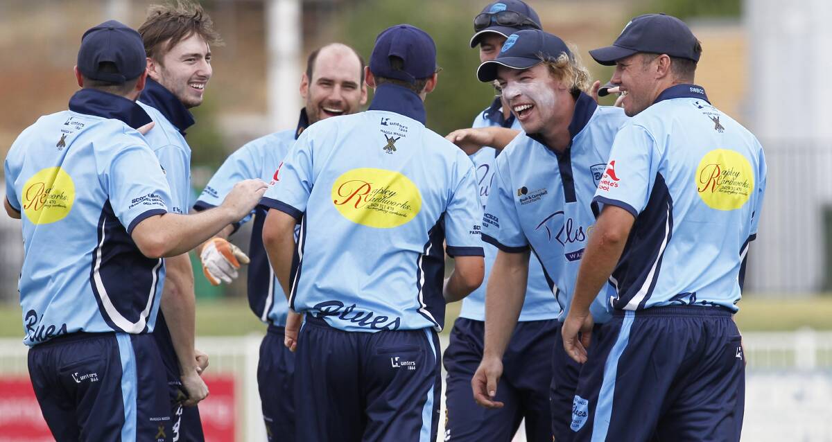 WINNERS ARE GRINNERS: South Wagga celebrate the wicket of Rob Nicoll on the way to their one-day final victory over Lake Albert on Sunday. Picture: Les Smith
