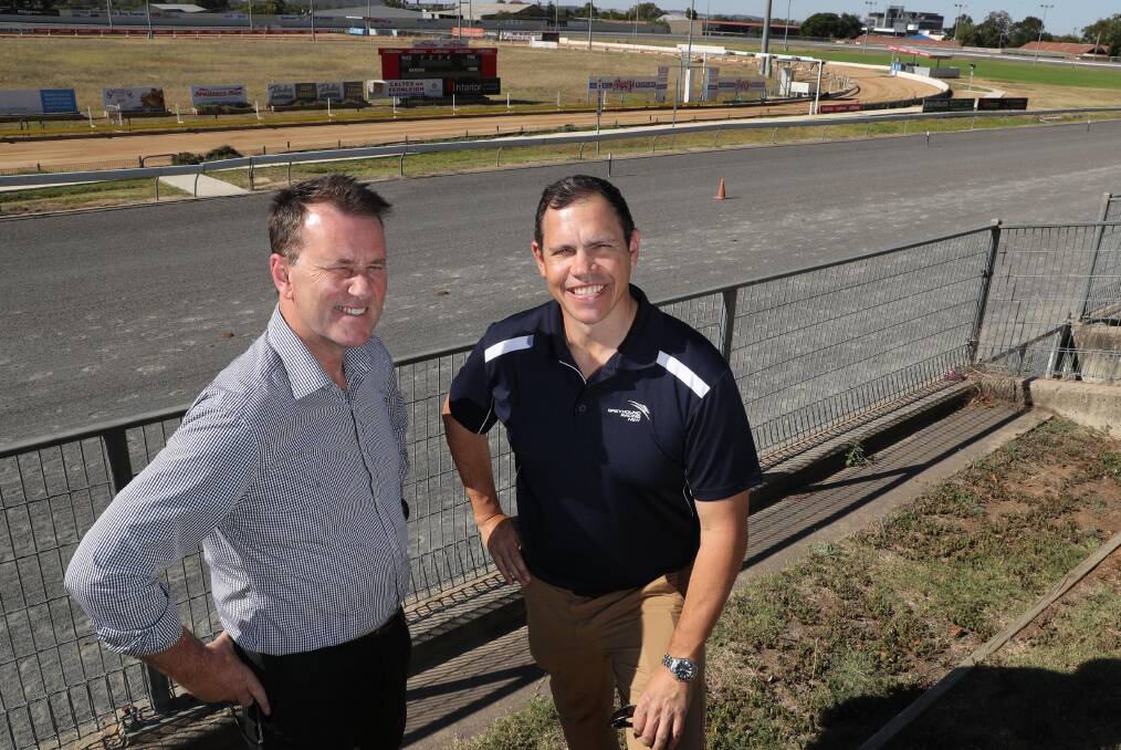 HERE TO LISTEN: New Greyhound Racing NSW chief executive Tony Mestrov, left, and his deputy Dayle Brown held a community forum at the Wagga Showground on Thursday night. Picture: Les Smith