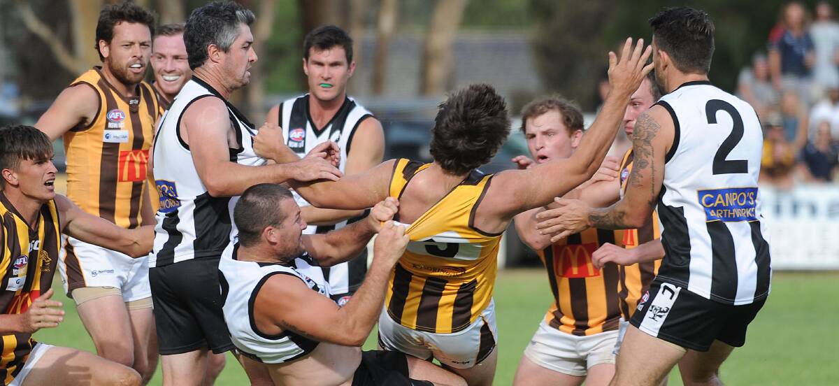 ALL IN: The Rock-Yerong Creek co-coach Andy Carey was yellow carded for his role in a melee in the second quarter of the drawn game. Picture: Laura Hardwick
