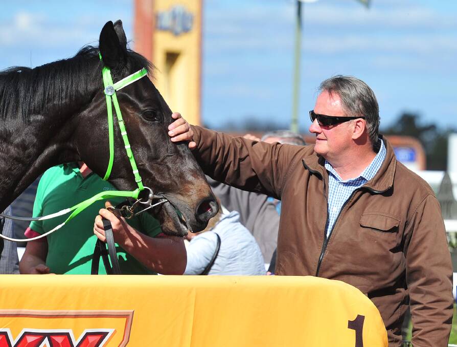 JOB WELL DONE: Former opposition leader Mark Latham gives Noble Descent a pat after winning his first race for Wagga trainer Gary Colvin at Murrumbidgee Turf Club on Tuesday. Picture: Kieren L Tilly