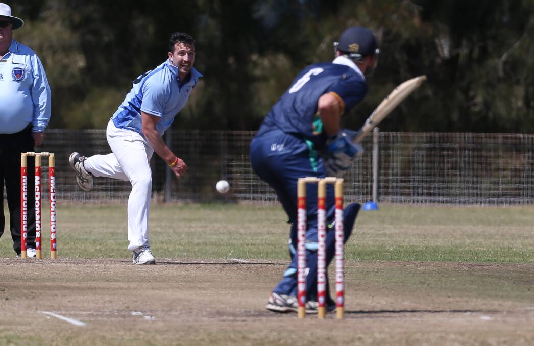 TOUGH TASK: Former Wagga bowler Djali Bloomfield sends down a delivery to Brayden Ambler playing for ACT Southern on Friday. Picture: The Illawarra Mercury
