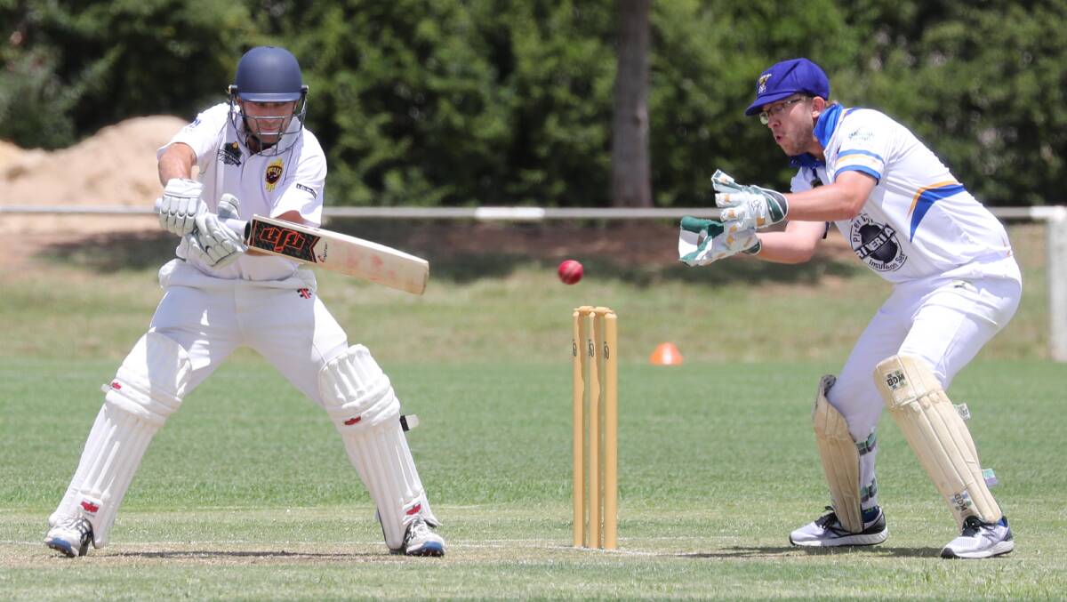 SLUG: Jacson Somerville tries to cut the ball batting for Lake Albert against Kooringal Colts at Harris Park on Saturday. Picture: Les Smith