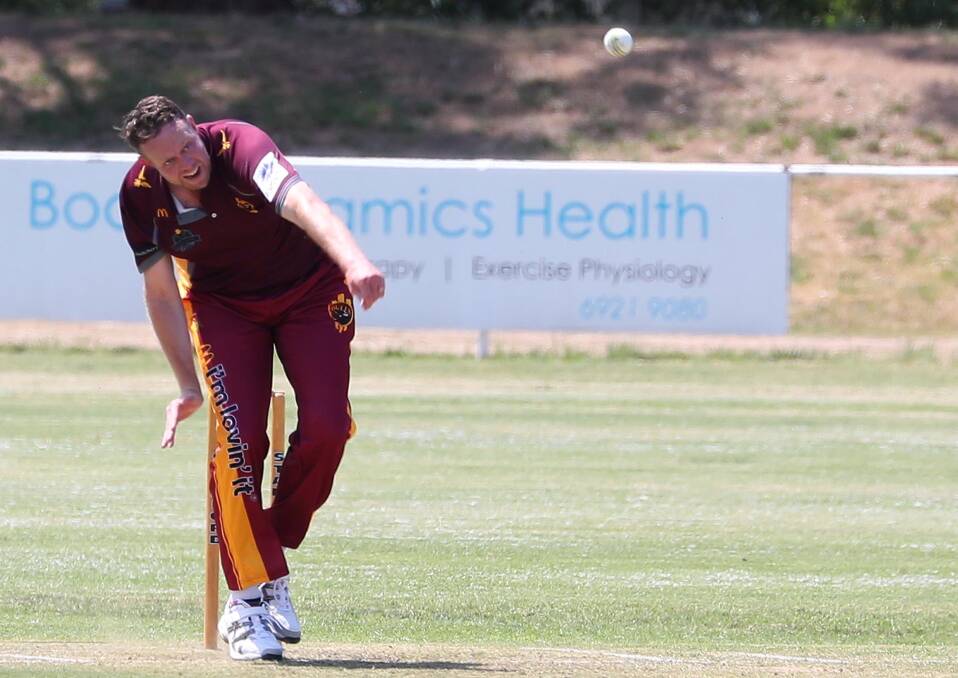 FINE FORM: Lake Albert veteran Scott Billington fires down another delivery as the Bulls bowled out Wagga City for 59 at McPherson Oval on Saturday. Billington took three wickets. Picture: Kieren L Tilly