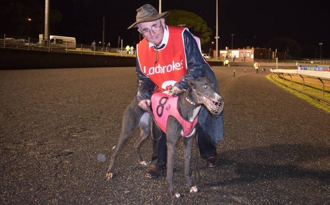 ALL SMILES: Wagga trainer Brian Honey with Lace Monster after her boilover win in the Million Dollar Chase heats on Thursday night.