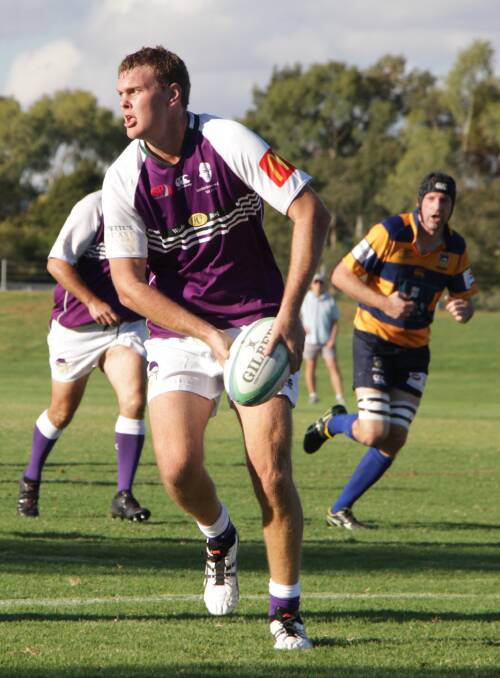 LOOKING FOR OPTIONS: Playmaker Brandon Emerson looks to shift the ball out wide during Leeton's 29-19 win over Albury at Leeton No.1 Oval on Saturday. Picture: Ron Arel