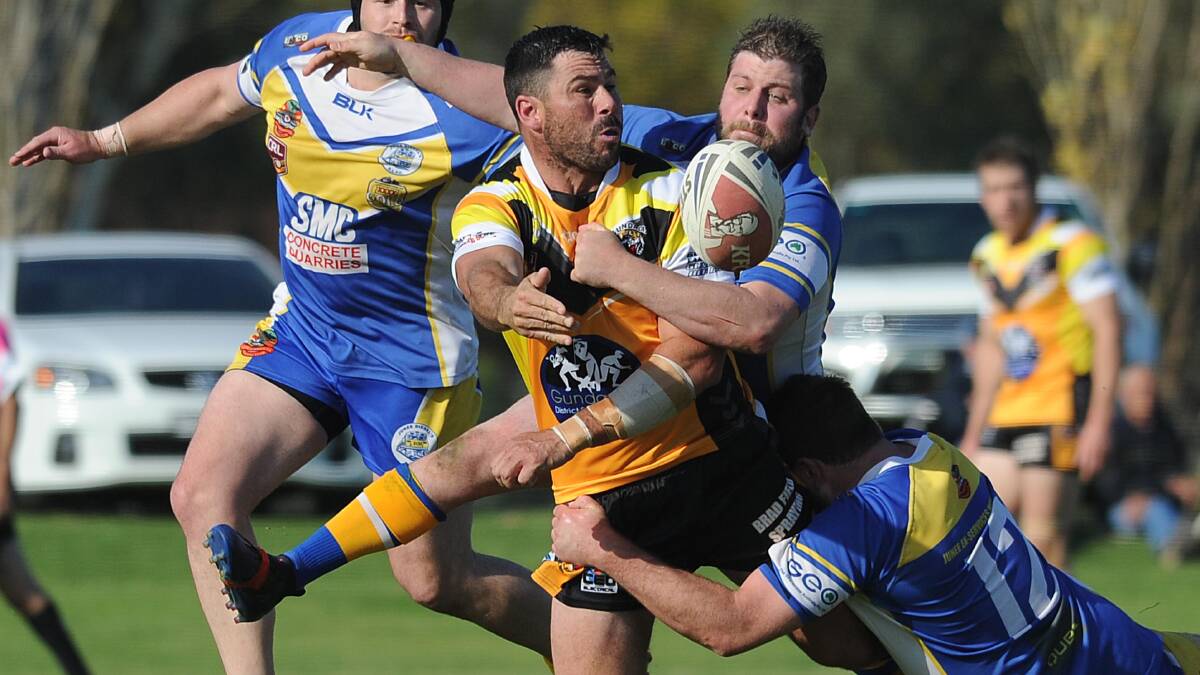 BIG MOMENT: Kieran Pearce, pictured getting an offload away last season, was part of Gundagai's come-from-behind win over Temora on Sunday.