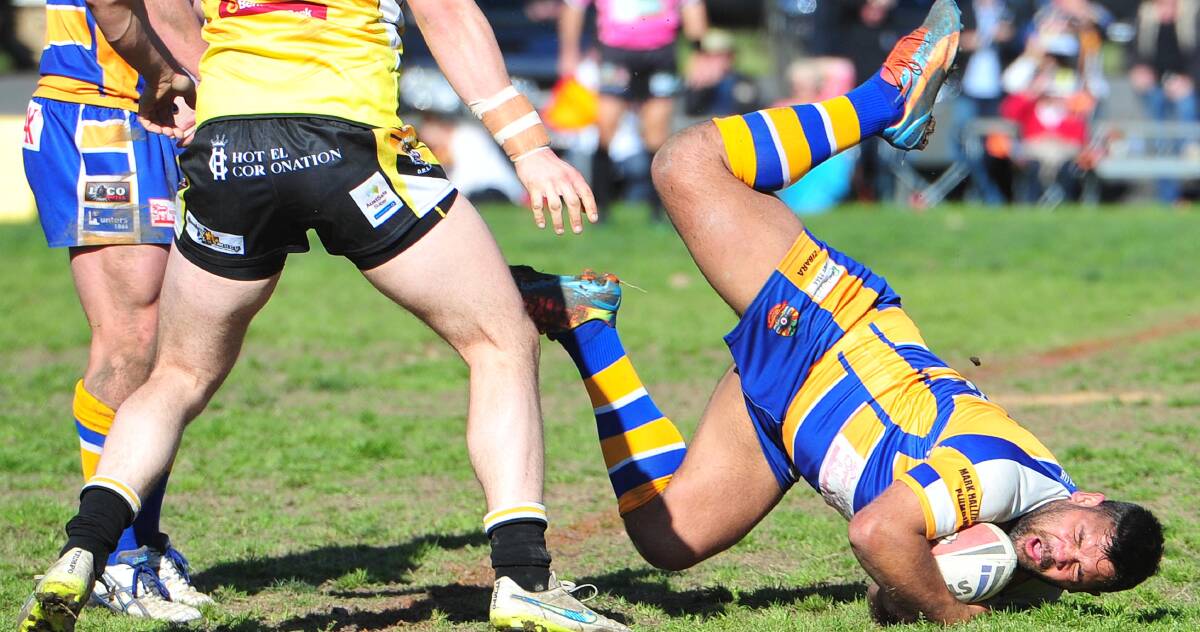 DOWN BUT NOT OUT: Will Merritt ends up face first into the ground during Junee's major semi-final loss to Gundagai on Sunday but the Diesels have one more chance to make it into the grand final, taking on Southcity on Sunday. Picture: Kieren L Tilly