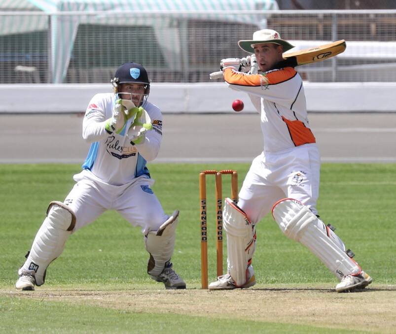 CAPTAIN'S KNOCK: James Richards tries to open his shoulders against South Wagga on Saturday. He made a crucial 67 to top score for Wagga RSL at Wagga Cricket Ground. Picture: Les Smith