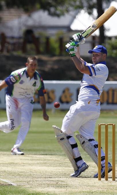 LETTING FLY: The returned Adam Skow tries to play a Adam Newcombe delivery fine as Kooringal Colts were bowled out for 125 on Saturday. Picture: Les Smith