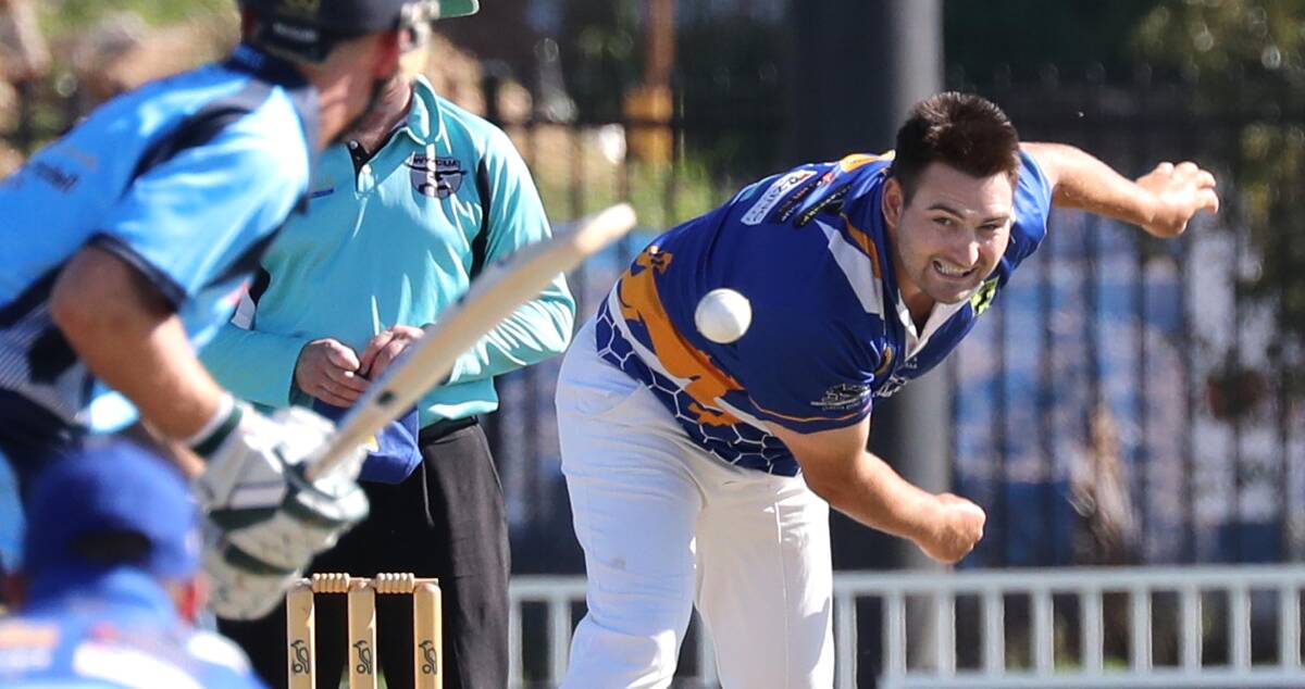 STEAMING IN: Kooringal Colts Warren Bartlett fires down a delivery during the one-day final against South Wagga at Robertson Oval on Friday night. Picture: Les Smith