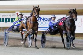 Luke McCarthy, pictured driving Don Hugo to victory over Missed The Truth in the Riverina Championships heats at Riverina Paceway on Tuesday, is set to drive on Sunday despite the threat of suspension. Picture by Les Smith