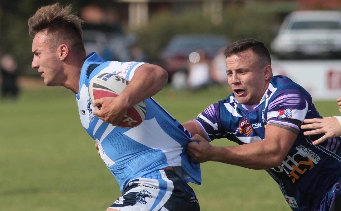 SITTING OUT: Southcity centre Ethan McGuire, pictured tackling Kieran Sherratt in round one, is sidelined after fracturing his ribs last week.