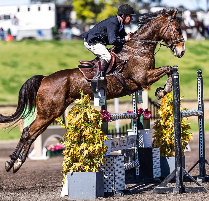 FLYING HIGH: Wagga equestrian rider Damien Churchill soars over a jump with Frahaven Aussie Gold on his way to a NSW Championships win in Sydney over the weekend. Picture: Stephen Mowbray Photography