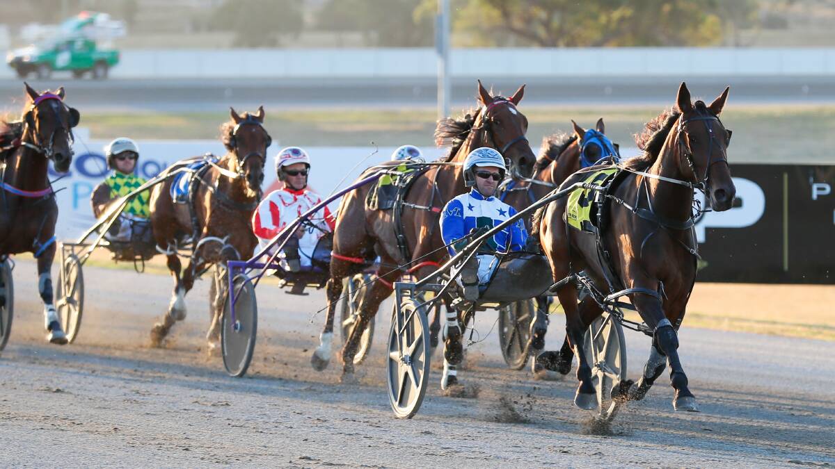Eye Keep Smiling races away from her rivals to set the fastest time of the two Riverina Championships Mares Heats at Riverina Paceway on Tuesday. Picture by Les Smith