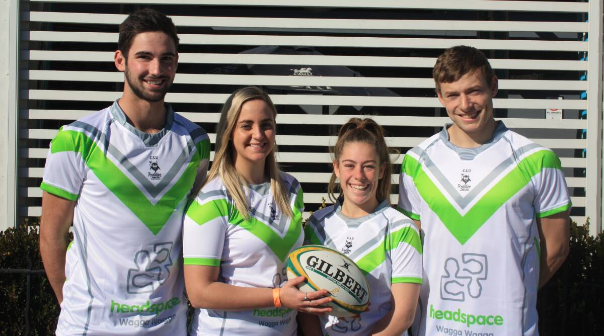 SPECIAL CAUSE: CSU players Billy Boys, Brittney Bedford, Grace Di Trapani and Hamish McMahon in the Headspace jumpers for Saturday's game.