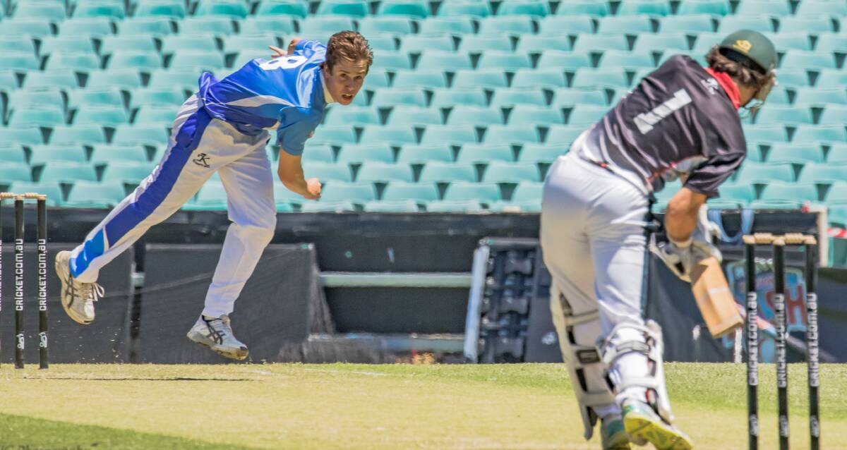 YOUNG GUN: Max Harper fires down a ball for Wagga Sloggers at the Sydney Cricket Ground on Sunday. He took three wickets in the loss to Orana Outlaws.