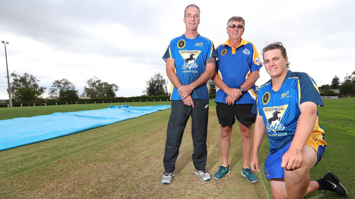 NEW DECK: Kooringal Colts president Rob Etchells and curators Greg and Macgregor Hanigan inspect the Harris Park pitch. Picture: Kieren L Tilly