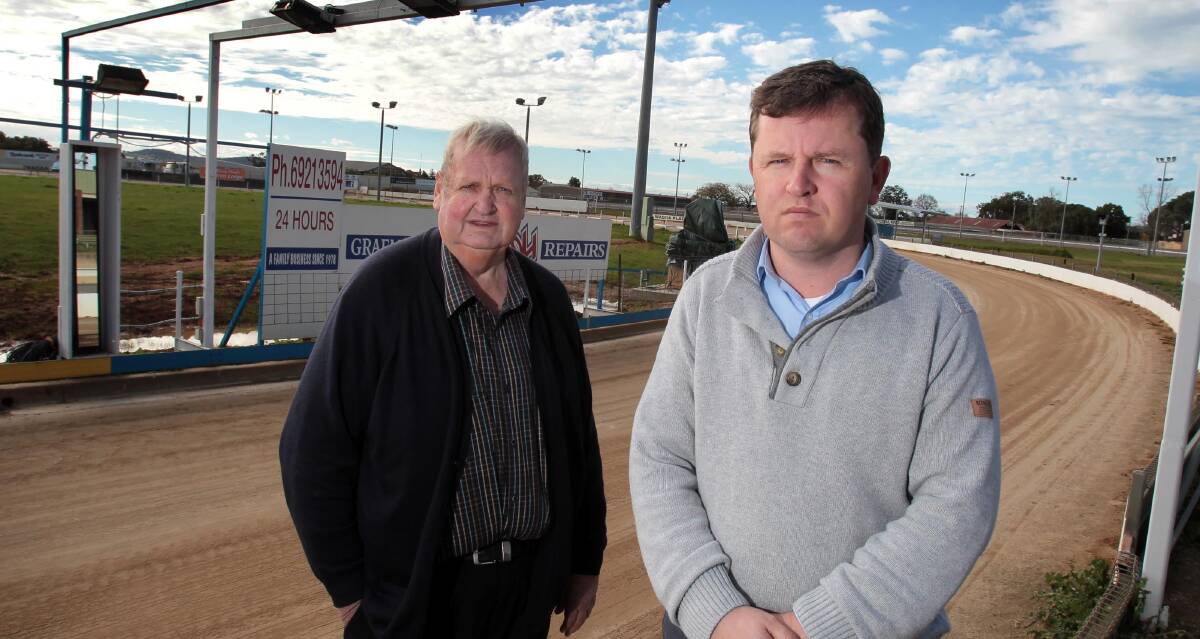 SHOCKED: Wagga Greyhound Racing Club president Maurice Finemore and racing manager John Patton following the announced to ban greyhound racing. Picture: Les Smith