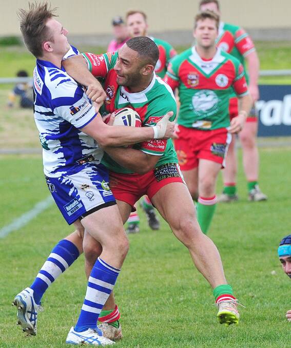 ON THE MOVE: Former Brothers winger Noa Fotu, looking to push off Cootamundra's Matt Forsyth earlier this year, has signed with Temora for 2016. Picture: Kieren L Tilly