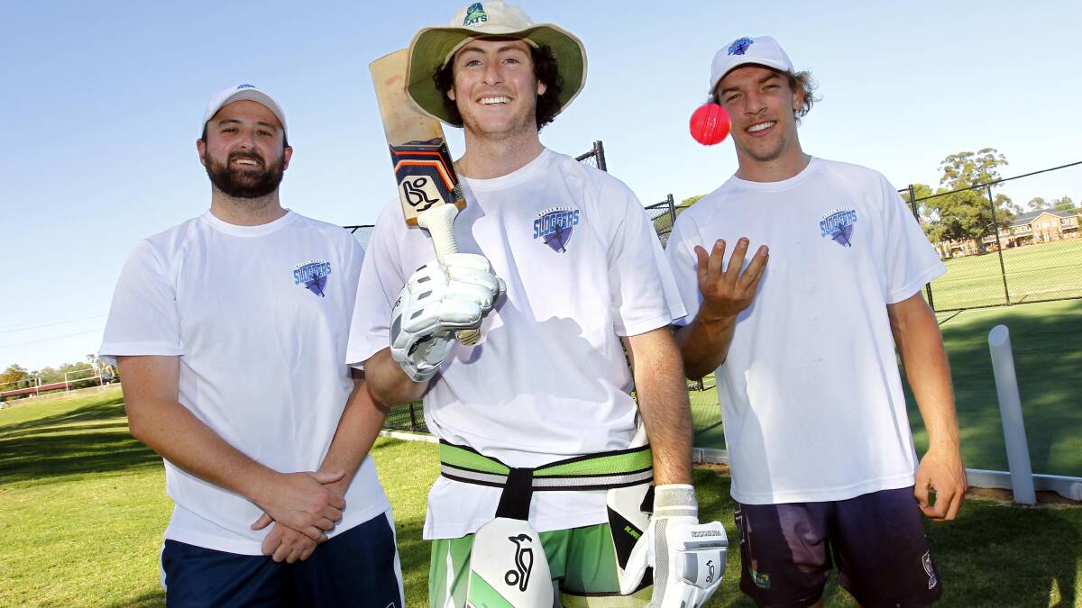 NEXT LEVEL: Wagga Sloggers batsmen Joel Robinson, Aaron Maxwell and Brayden Ambler prepare for a SCG debut on Sunday. Picture: Les Smith