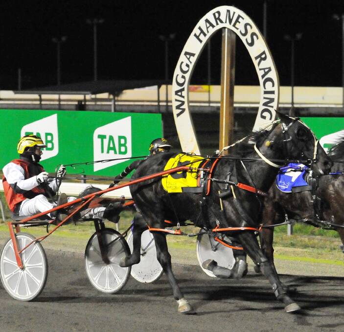 BIDDING FAREWELL: East Emperor just runs down Stening at Wagga on Saturday night to provide another winner for Corey Bell, who will leave the region after the weekend's racing. Picture: Kieren L Tilly