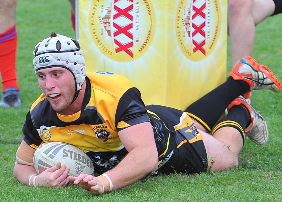 TRY TIME: Gundagai hooker James Luff goes over for one of his two tries as the Tigers eased to victory on Sunday. Picture: Kieren L Tilly