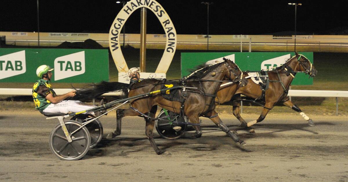 HOLDING ON STRONG: Maxentius keeps Our Triple Play at bay to take out the Wagga Derby for driver Jack Trainor on Saturday night. Picture: Laura Hardwick
