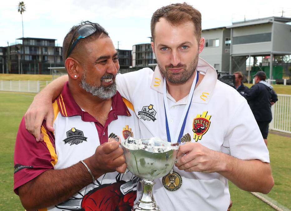 NEW BEGINNING: Craig Footman, pictured with Lake Albert captain Alex Smeeth, has stepped down from the Bulls coaching role. Both are moving on after the premiership success. Picture: Kieren L Tilly
